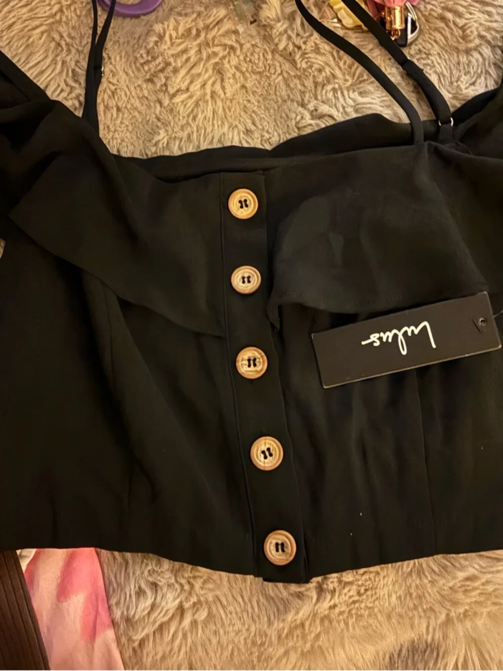 NWT Lulu's Black Off-Shoulder Ruffle Button Crop Camisole Top - Picture 7 of 8